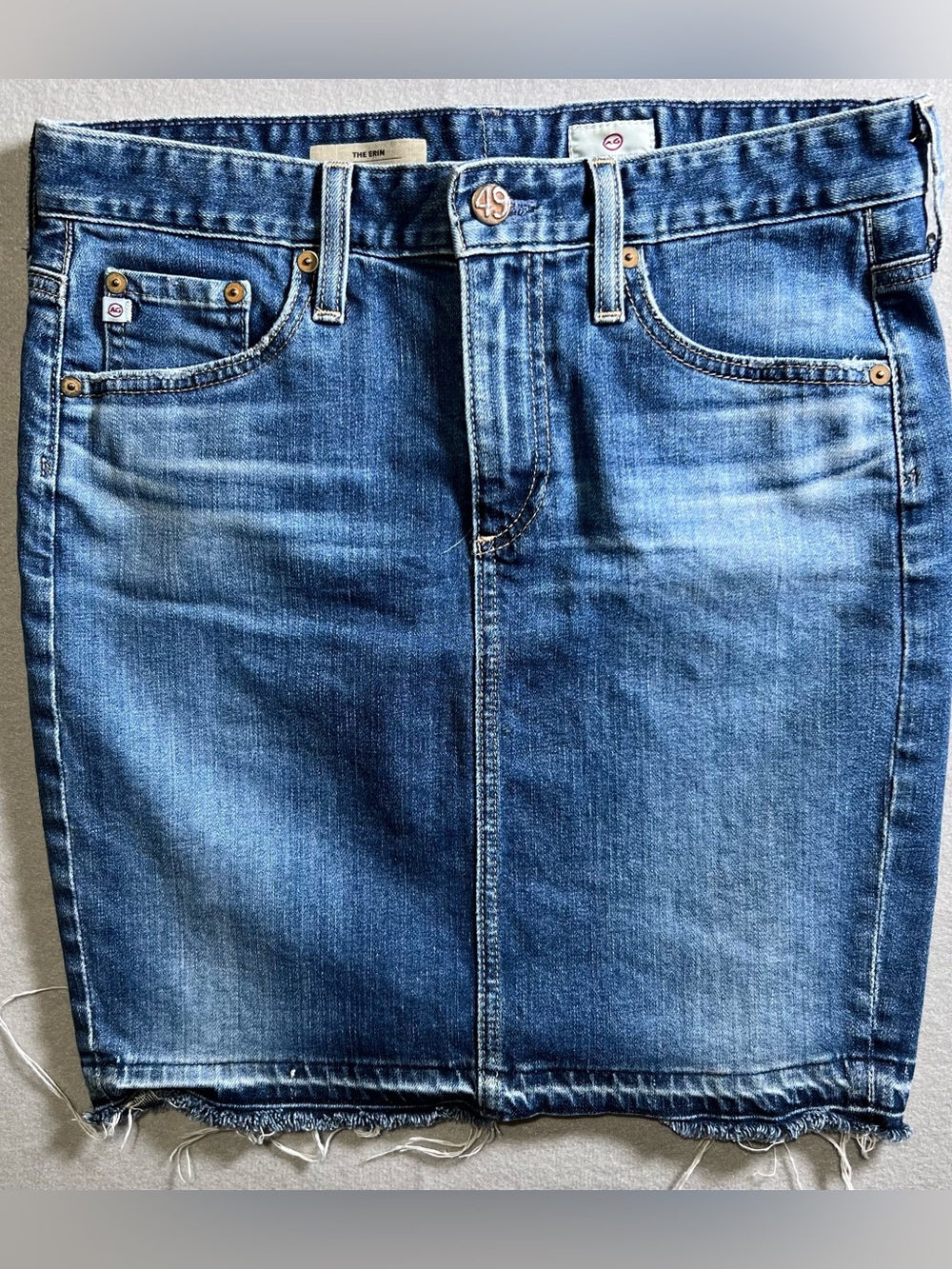 Ag Adriano Goldschmied Medium Blue Denim Pencil Skirt with Frayed Hem